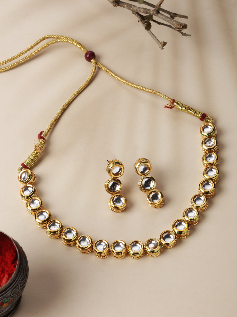 Gold-Plated White Kundan Studded Necklace with Earrings Jewellery Set