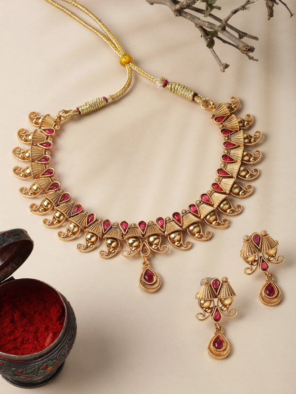 Gold-Plated Red Artificial Stone Studded Antique Necklace with Earrings Jewellery Set