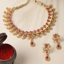 Gold-Plated Red Artificial Stone Studded Antique Necklace with Earrings Jewellery Set