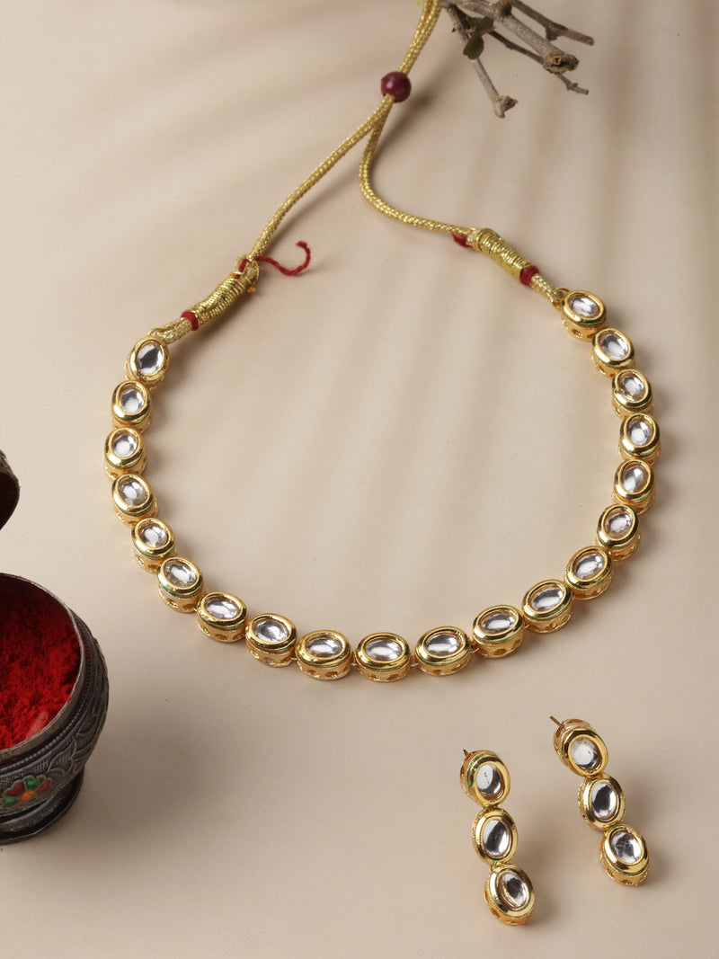 Gold-Plated White Kundan Studded Necklace with Earrings Jewellery set