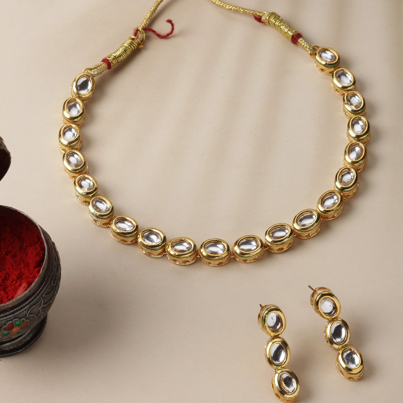 Gold-Plated White Kundan Studded Necklace with Earrings Jewellery set
