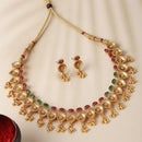 Gold-Plated Green & Red Artificial Stone Studded Antique Necklace with Earrings Jewellery Set