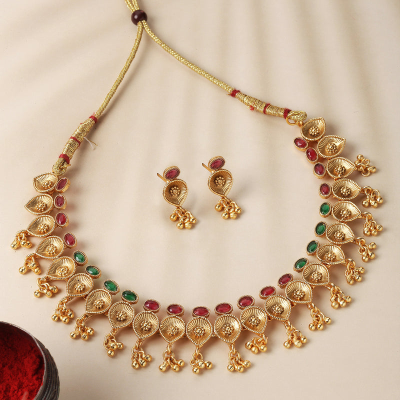 Gold-Plated Green & Red Artificial Stone Studded Antique Necklace with Earrings Jewellery Set