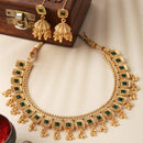 Gold-Plated Green Artificial Stone Studded Antique Necklace with Earrings Jewellery Set