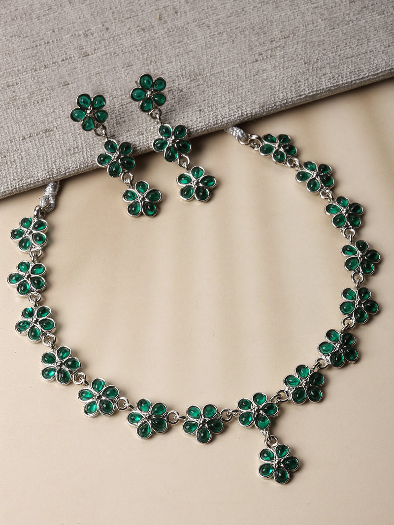 Oxidised Silver-Plated Flower Shaped Green American Diamond Studded Necklace Earrings Jewellery Set