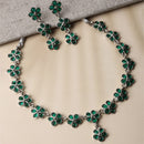 Oxidised Silver-Plated Flower Shaped Green American Diamond Studded Necklace Earrings Jewellery Set