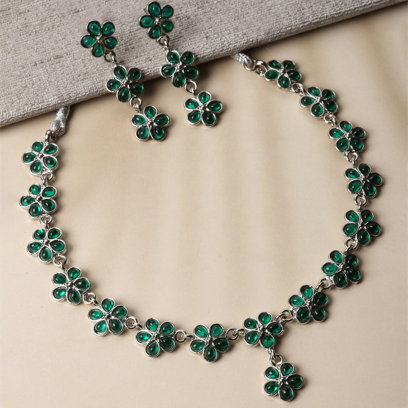 Oxidised Silver-Plated Flower Shaped Green American Diamond Studded Necklace Earrings Jewellery Set