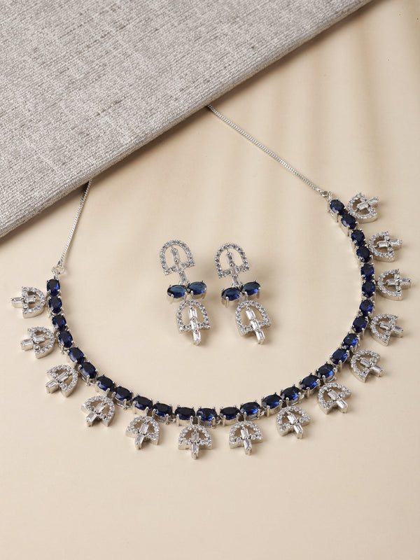 Rhodium-Plated Silver Toned Rectangle Navy Blue American Diamond Studded Necklace Earring Jewellery Set