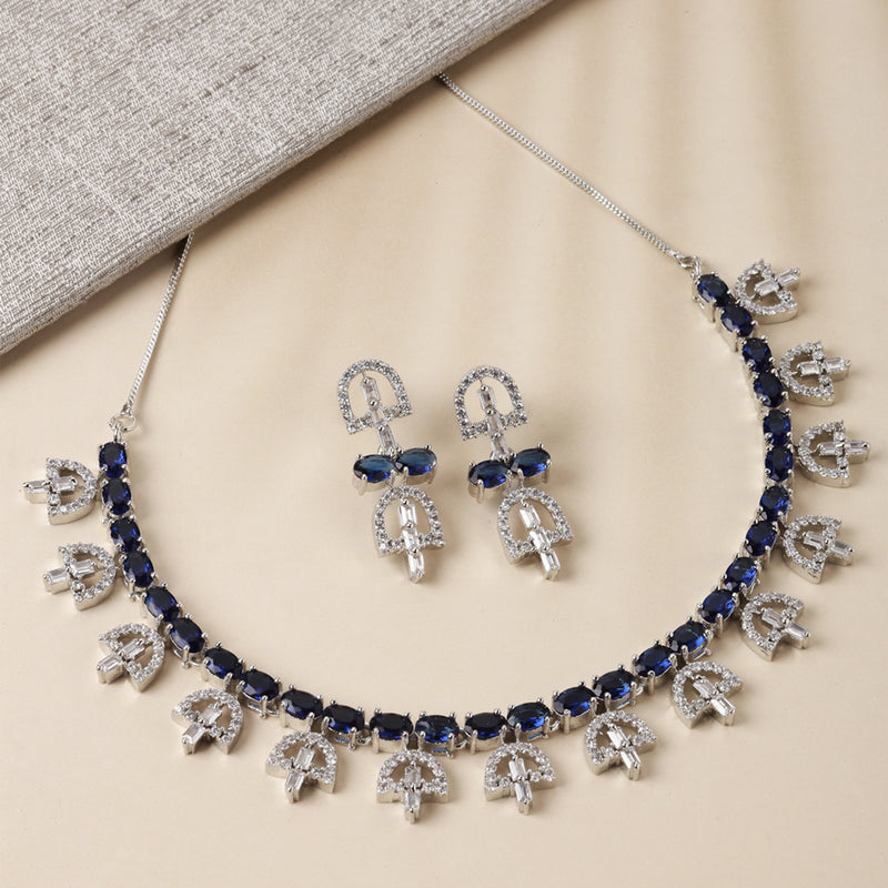 Rhodium-Plated Silver Toned Rectangle Navy Blue American Diamond Studded Necklace Earring Jewellery Set