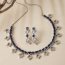 Rhodium-Plated Silver Toned Rectangle Navy Blue American Diamond Studded Necklace Earrings Jewellery Set