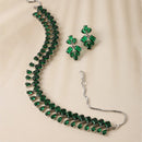 Rhodium-Plated Silver Toned Pear Green American Diamond Studded Necklace with Earrings Jewellery Set