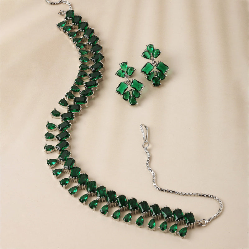 Rhodium-Plated Silver Toned Pear Green American Diamond Studded Necklace with Earrings Jewellery Set
