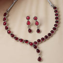 Oxidised Silver-Plated Red American Diamond Studded Necklace with Earrings Jewellery Set