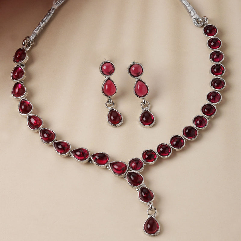 Oxidised Silver-Plated Red American Diamond Studded Necklace with Earrings Jewellery Set