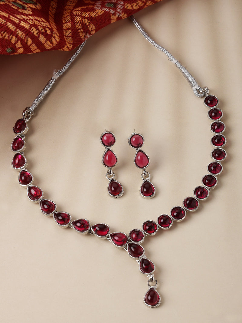 Oxidised Silver-Plated Red American Diamond Studded Necklace with Earrings Jewellery Set