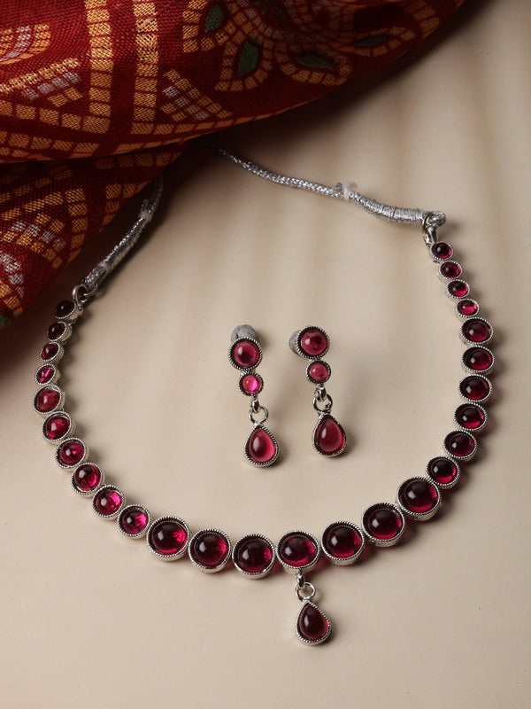 Oxidised Silver-Plated Red Round American Diamond Studded Necklace with Earrings Jewellery Set