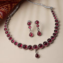 Oxidised Silver-Plated Red Round American Diamond Studded Necklace with Earrings Jewellery Set