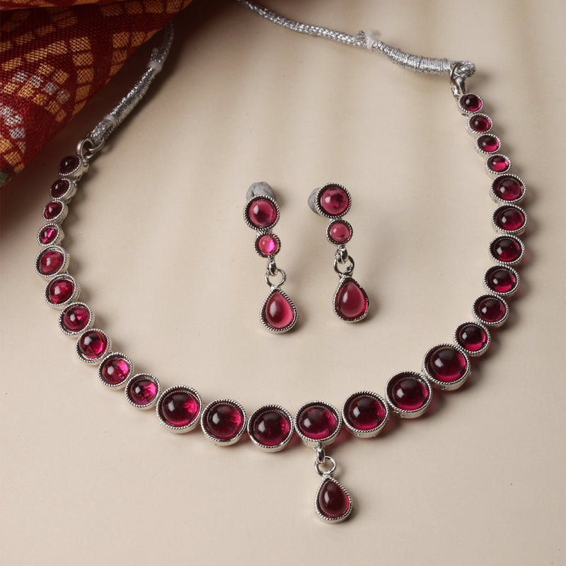 Oxidised Silver-Plated Red Round American Diamond Studded Necklace with Earrings Jewellery Set
