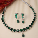 Oxidised Silver-Plated Green Round American Diamond Studded Necklace with Earrings Jewellery Set