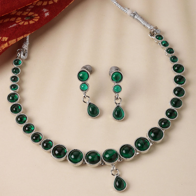 Oxidised Silver-Plated Green Round American Diamond Studded Necklace with Earrings Jewellery Set