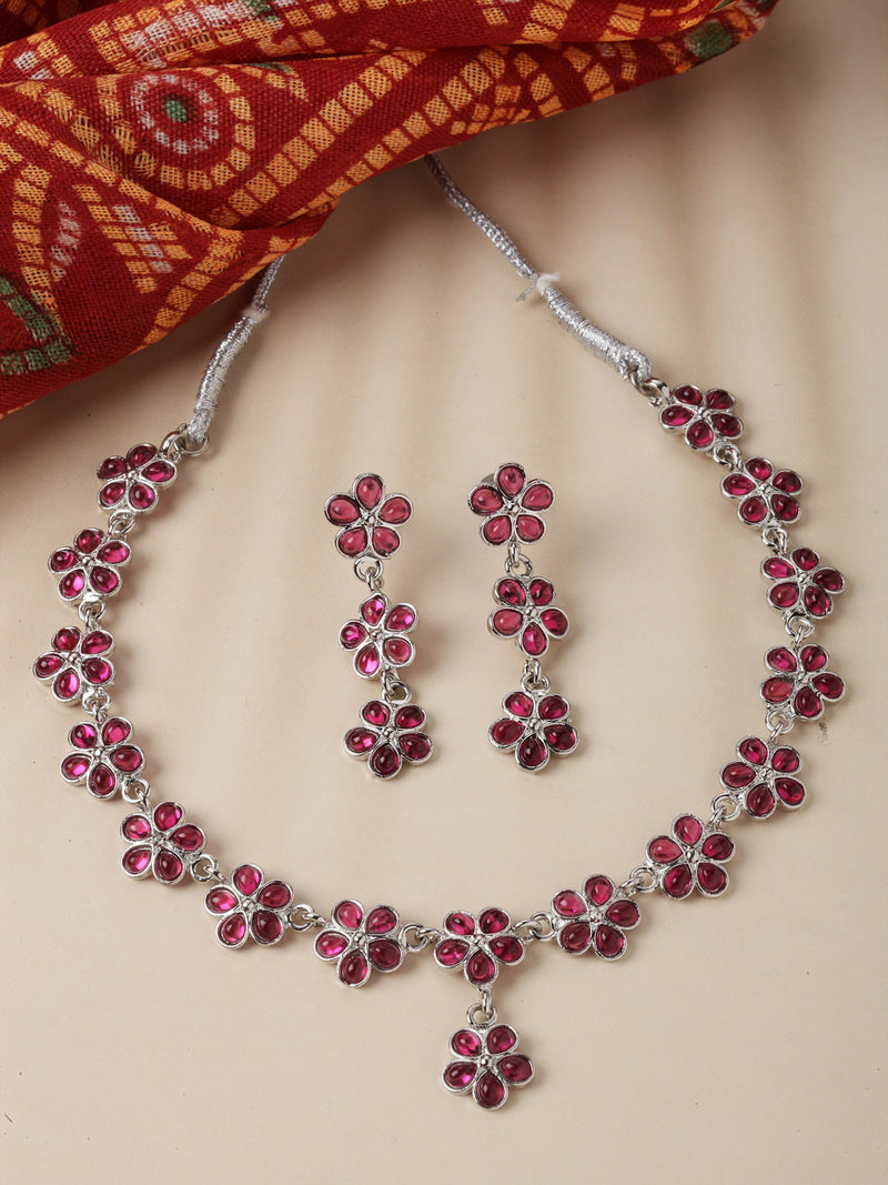 Oxidised Silver-Plated Flower Shaped Red American Diamond Studded Necklace Earrings Jewellery Set