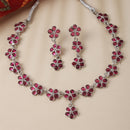 Oxidised Silver-Plated Flower Shaped Red American Diamond Studded Necklace Earrings Jewellery Set