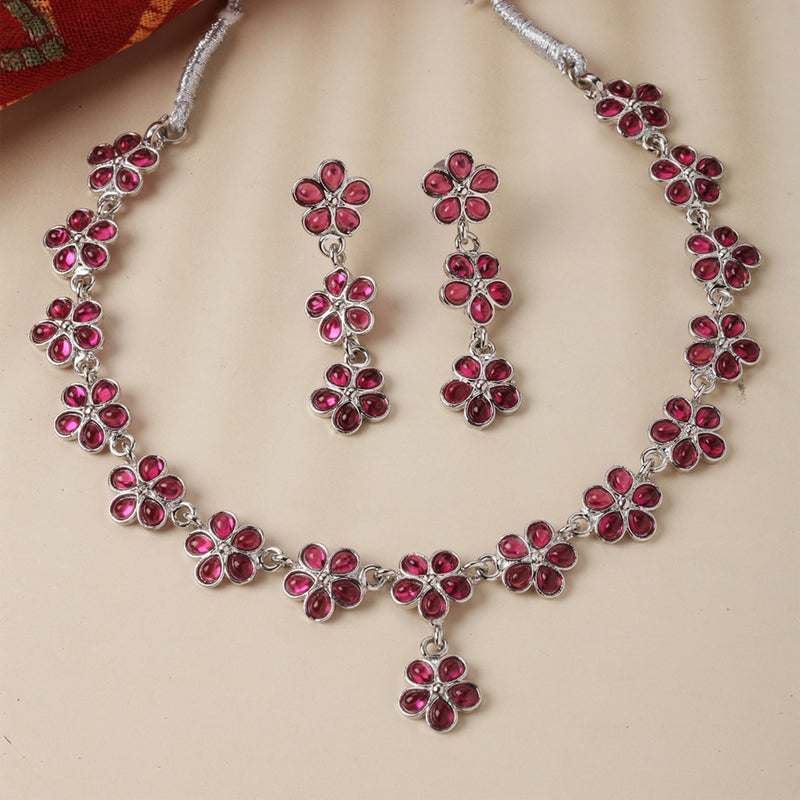 Oxidised Silver-Plated Flower Shaped Red American Diamond Studded Necklace Earrings Jewellery Set