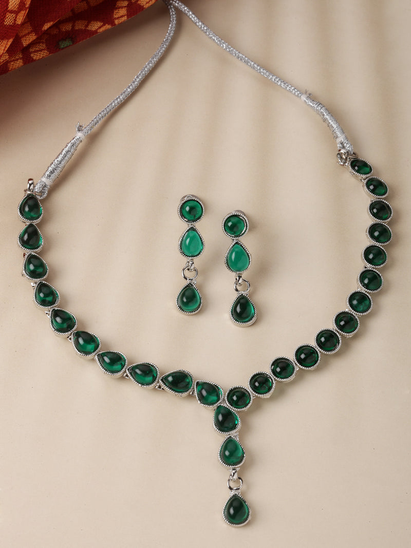 Oxidised Silver-Plated Green American Diamond Studded Necklace with Earring Jewellery Set