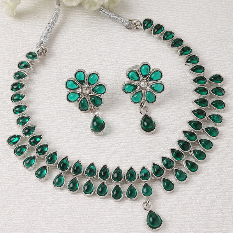 Oxidised Silver-Plated Pear Shaped Green American Diamond Studded Necklace Earrings Jewellery Set