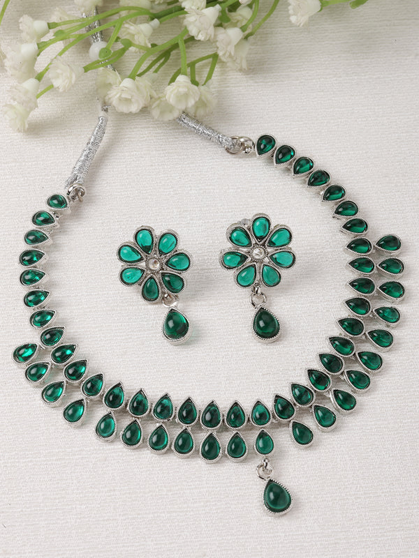 Oxidised Silver-Plated Pear Shaped Green American Diamond Studded Necklace Earrings Jewellery Set