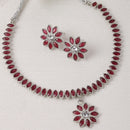Oxidised Silver-Plated Flower & Leaf Red American Diamond Studded Necklace Earrings Jewellery Set