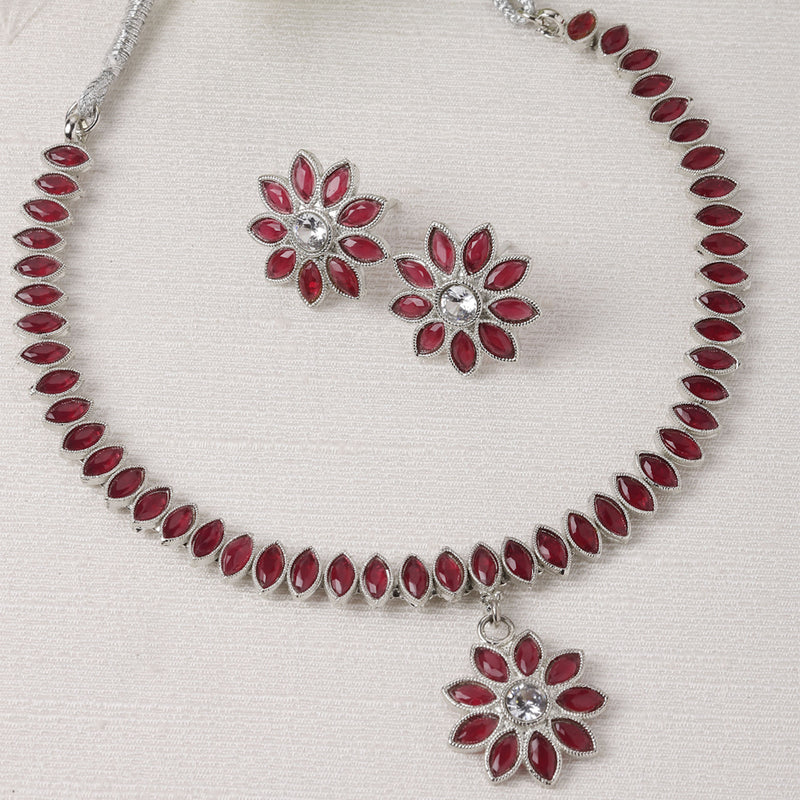 Oxidised Silver-Plated Flower & Leaf Red American Diamond Studded Necklace Earrings Jewellery Set