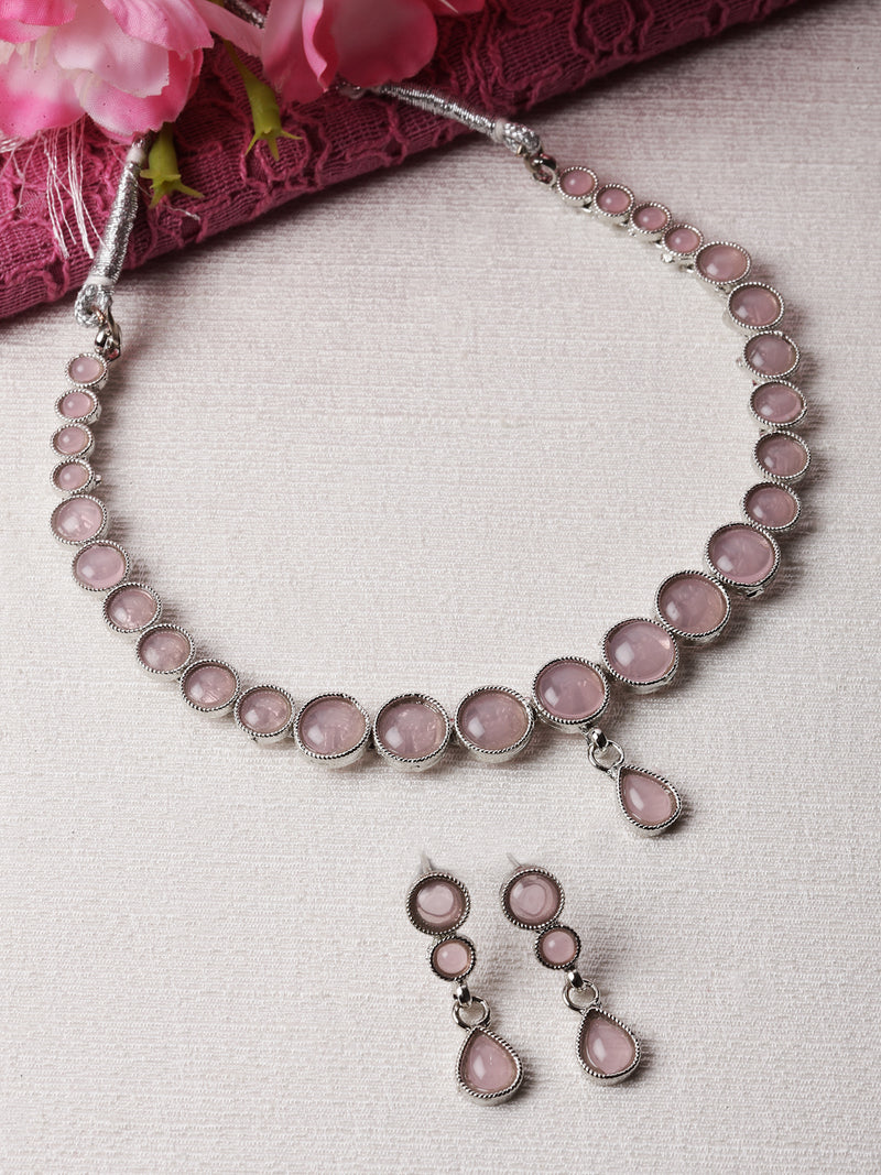 Oxidised Silver-Plated Pink Round American Diamond Studded Necklace with Earrings Jewellery Set