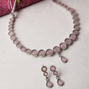 Oxidised Silver-Plated Pink Round American Diamond Studded Necklace with Earrings Jewellery Set