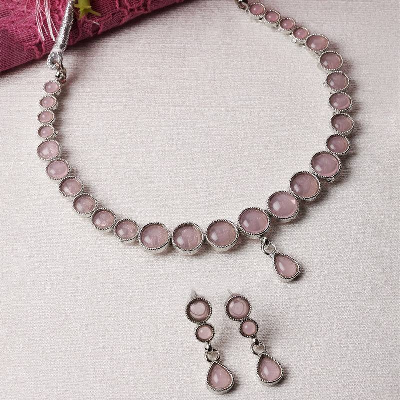 Oxidised Silver-Plated Pink Round American Diamond Studded Necklace with Earrings Jewellery Set