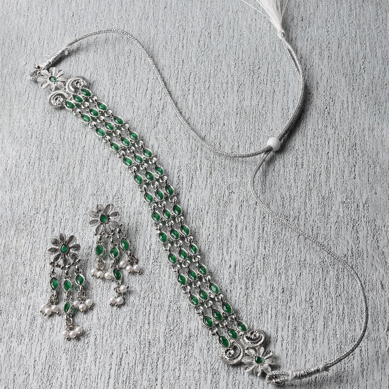 Oxidised Silver-Plated Green American Diamond Studded Multi-Strand Necklace Earrings Jewellery Set