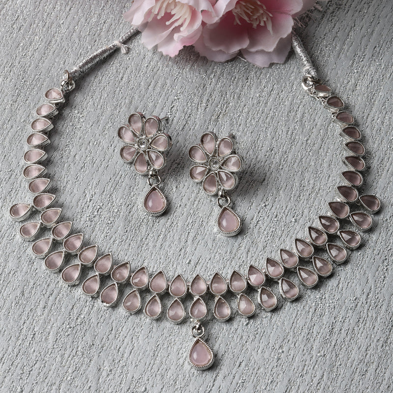 Oxidised Silver-Plated Pear Shaped Pink American Diamond Studded Necklace with Earring Jewellery Set