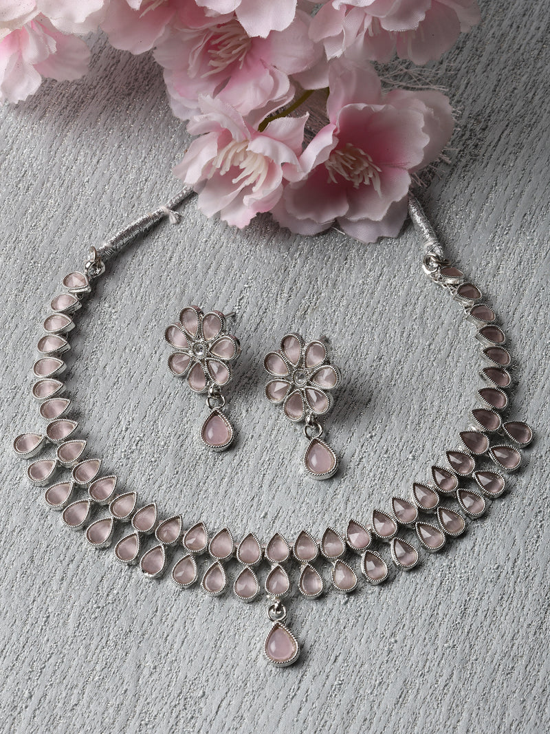 Oxidised Silver-Plated Pear Shaped Pink American Diamond Studded Necklace with Earring Jewellery Set