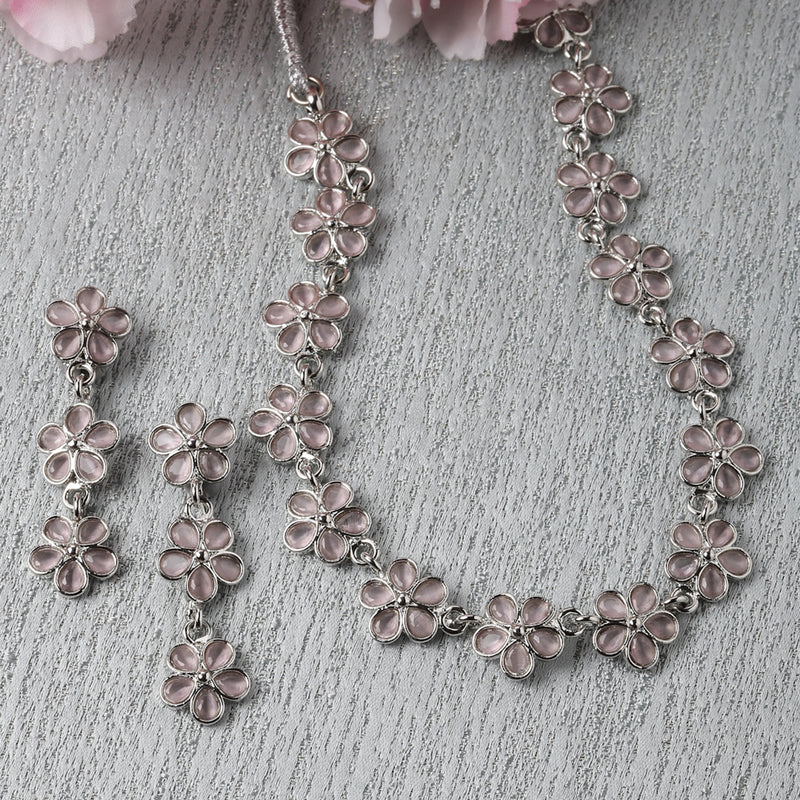 Oxidised Silver-Plated Flower Shaped Pink American Diamond Studded Necklace Earrings Jewellery Set