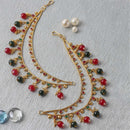 Gold-Plated Red & Green Kundan & Pearls studded Classic Jhumka Earrings with Ear Chain