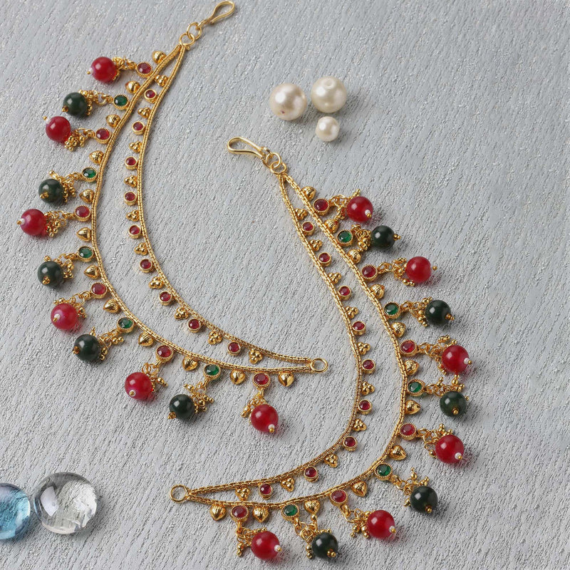 Gold-Plated Red & Green Kundan & Pearls studded Classic Jhumka Earrings with Ear Chain