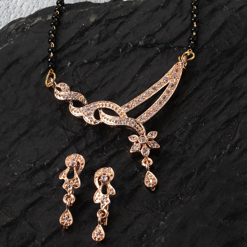Rose Gold-Plated White American Diamond Studded & Black Beads Beaded Mangalsutra with Earrings