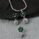 Rhodium-Plated Silver Toned Green Cubic Zirconia studded Floral Shaped Cute Pendant with Earrings