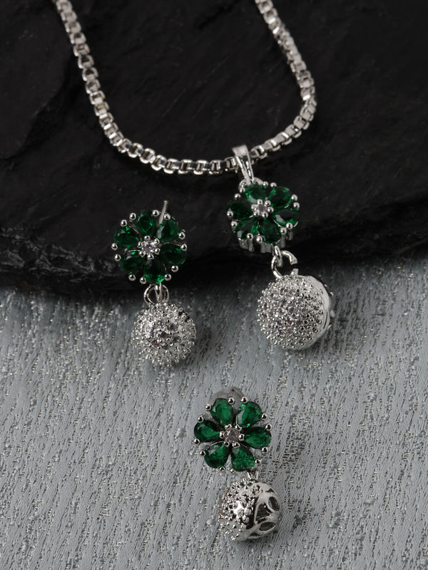 Rhodium-Plated Silver Toned Green Cubic Zirconia studded Floral Shaped Cute Pendant with Earrings