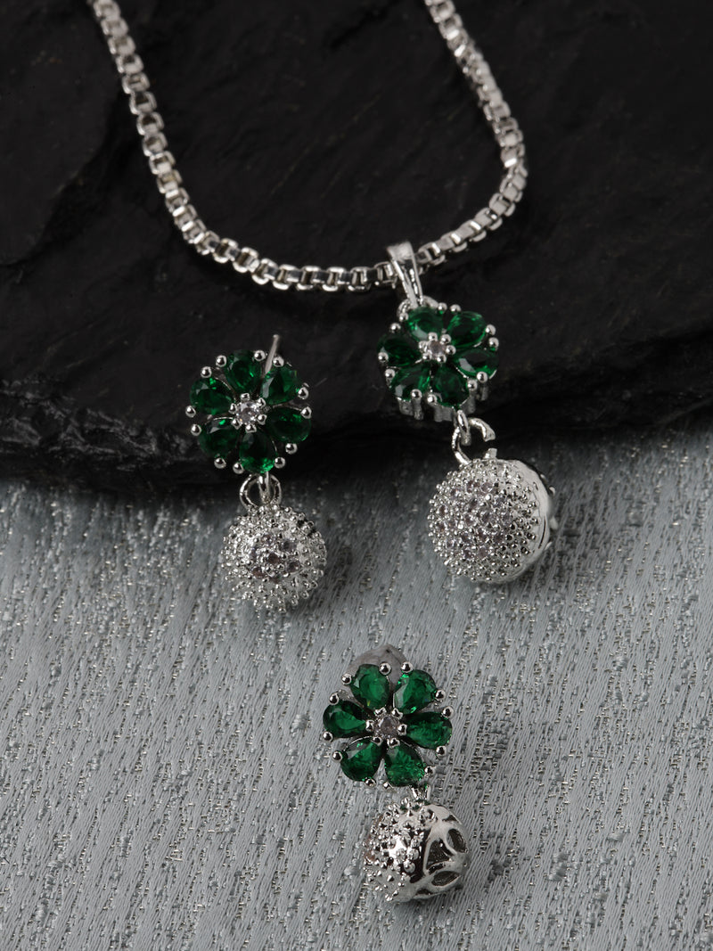 Rhodium-Plated Silver Toned Green Cubic Zirconia studded Floral Shaped Cute Pendant with Earrings