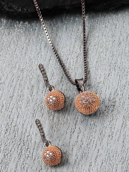 Rose Gold-Plated Gunmetal Toned White Cubic Zirconia studded Round Shaped Cute Pendant with Earrings