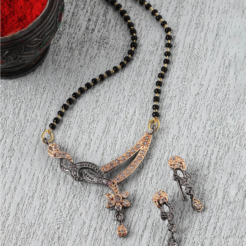 Rose Gold-Plated Gunmetal Toned White American Diamond Studded & Black Beads Beaded Mangalsutra with Earrings