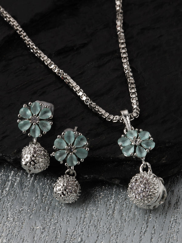 Rhodium-Plated Silver Toned Sea Green Cubic Zirconia studded Floral Shaped Cute Pendant with Earrings
