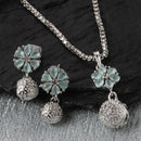 Rhodium-Plated Silver Toned Sea Green Cubic Zirconia studded Floral Shaped Cute Pendant with Earrings