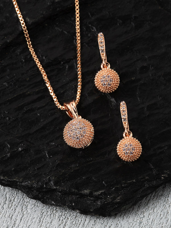 Rose Gold-Plated White Cubic Zirconia studded Round Shaped Pendant with Earrings